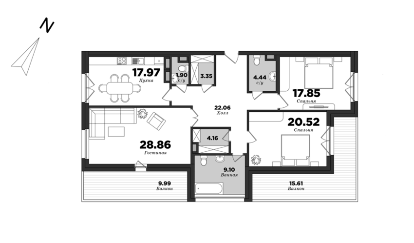 Крестовский De Luxe, Корпус 8, 3 спальни, 143.01 м² | планировка элитных квартир Санкт-Петербурга | М16