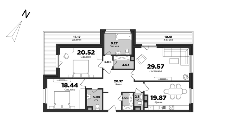 Крестовский De Luxe, Корпус 6, 3 спальни, 147.68 м² | планировка элитных квартир Санкт-Петербурга | М16